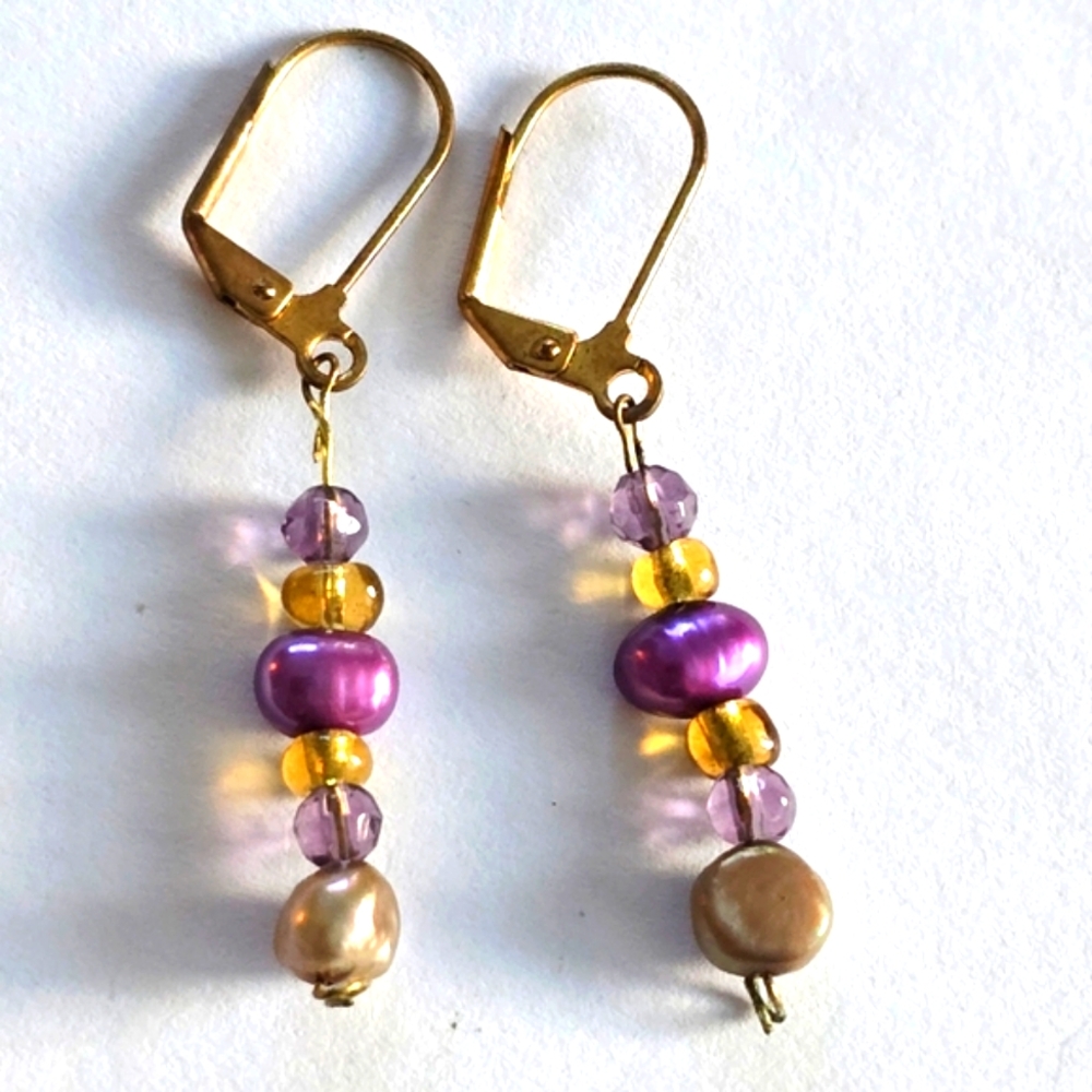 Pearl Earrings drop dangle bead beaded gold tone purple yellow
